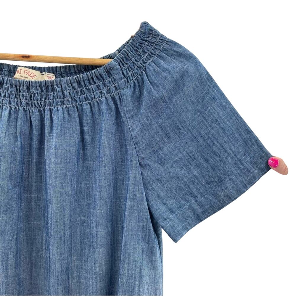 Fat Face Blue Chambray Lightweight Bardot Off The Shoulder Summer Dress Size 4 - Picture 3 of 6
